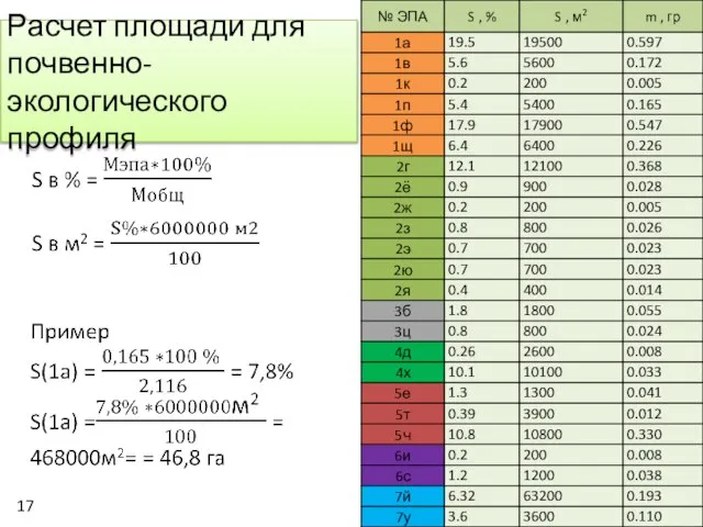 Расчет площади для почвенно-экологического профиля 17