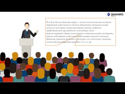 В.А. Кан-Калик, выделяя наряду с логико-педагогическим аспектом творческой деятельности учителя субъективно-эмоциональный, детально