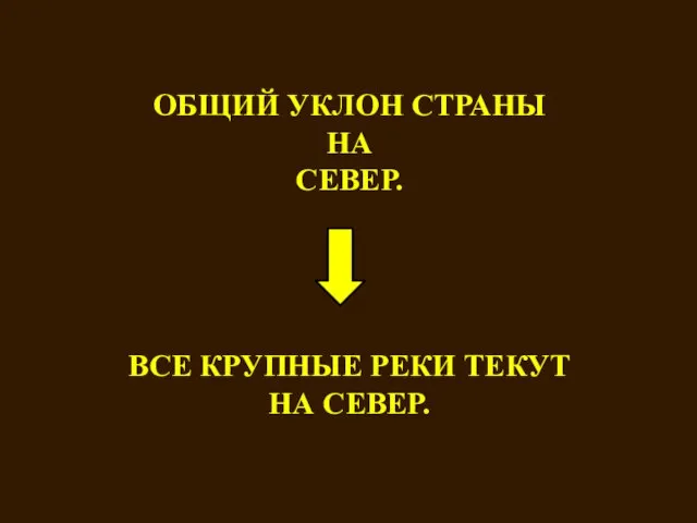 ОБЩИЙ УКЛОН СТРАНЫ НА СЕВЕР. ВСЕ КРУПНЫЕ РЕКИ ТЕКУТ НА СЕВЕР.