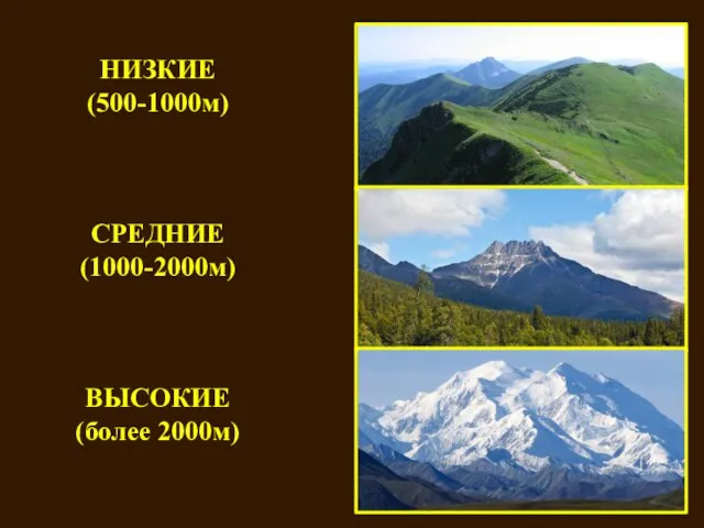 НИЗКИЕ (500-1000м) СРЕДНИЕ (1000-2000м) ВЫСОКИЕ (более 2000м)