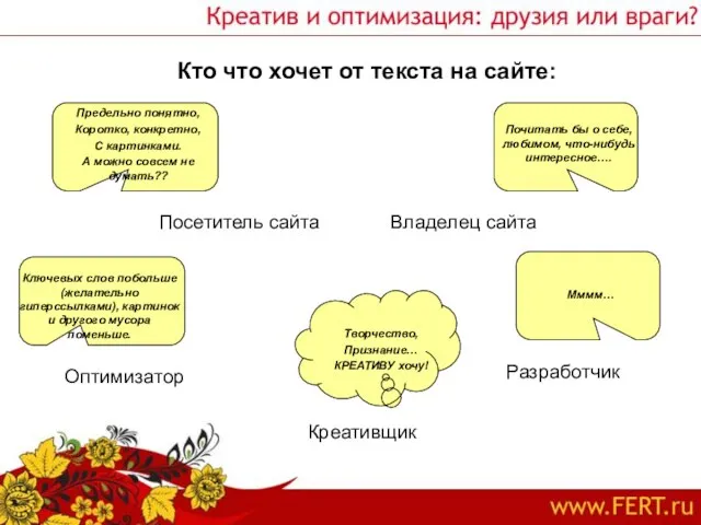 Кто что хочет от текста на сайте: Посетитель сайта Владелец сайта Предельно