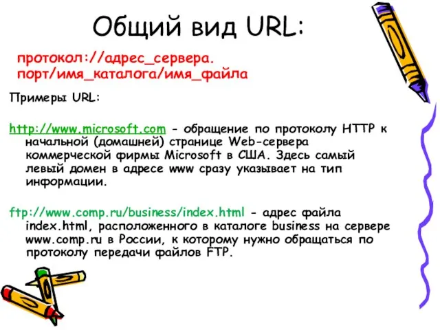 Общий вид URL: Примеры URL: http://www.microsoft.com - обращение по протоколу HTTP к