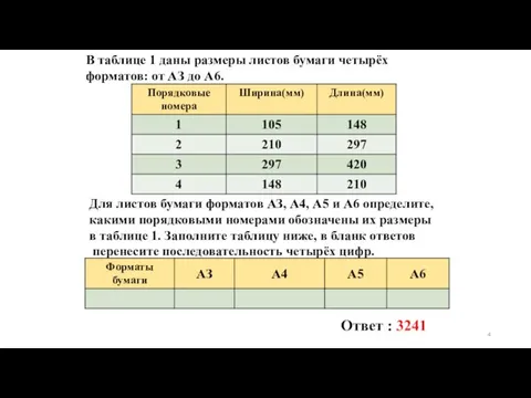 В таблице 1 даны размеры листов бумаги четырёх форматов: от AЗ до