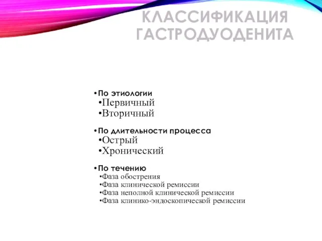 КЛАССИФИКАЦИЯ ГАСТРОДУОДЕНИТА По этиологии Первичный Вторичный По длительности процесса Острый Хронический По