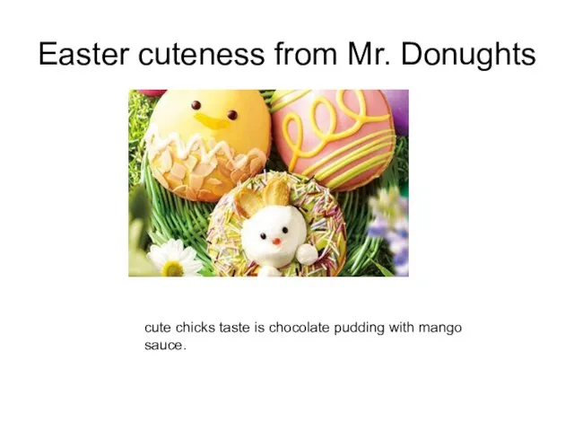 Easter cuteness from Mr. Donughts cute chicks taste is chocolate pudding with mango sauce.