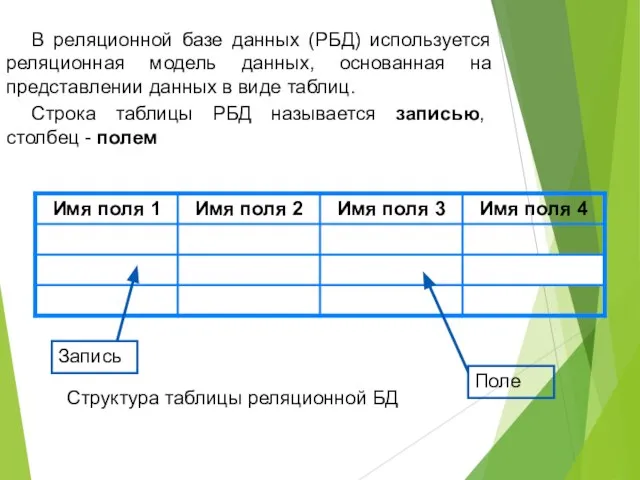 В реляционной базе данных (РБД) используется реляционная модель данных, основанная на представлении