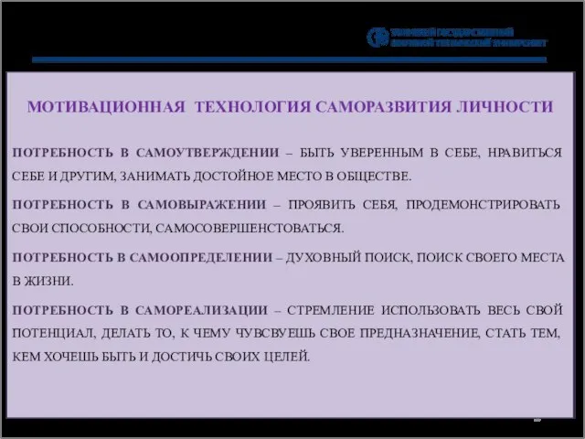 МОТИВАЦИОННАЯ ТЕХНОЛОГИЯ САМОРАЗВИТИЯ ЛИЧНОСТИ ПОТРЕБНОСТЬ В САМОУТВЕРЖДЕНИИ – БЫТЬ УВЕРЕННЫМ В СЕБЕ,