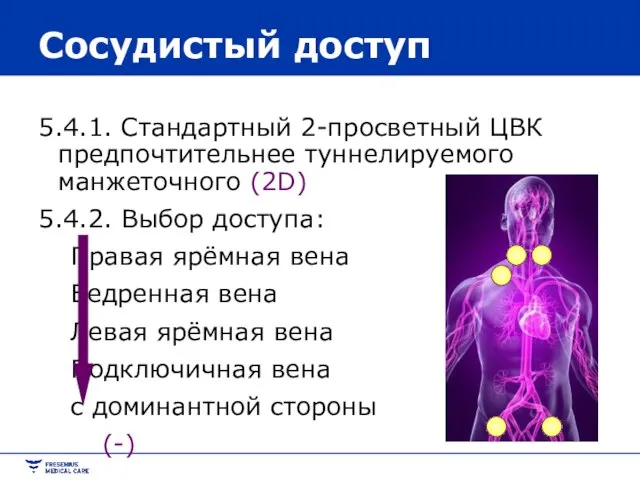 Сосудистый доступ 5.4.1. Стандартный 2-просветный ЦВК предпочтительнее туннелируемого манжеточного (2D) 5.4.2. Выбор