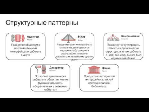 Структурные паттерны Позволяет объектом с несовместимыми интерфейсами работать вместе Разделяет один или