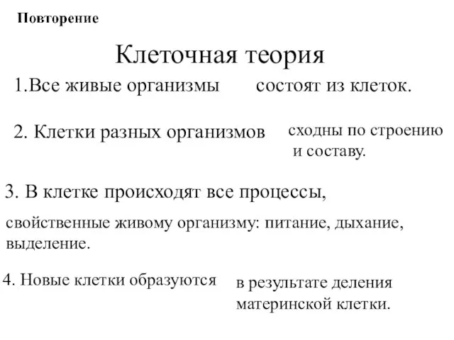 Клеточная теория 1.Все живые организмы состоят из клеток. 2. Клетки разных организмов