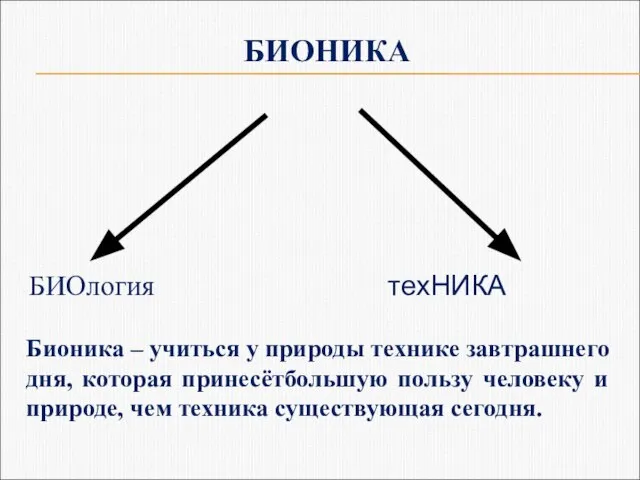 БИОНИКА БИОлогия техНИКА Бионика – учиться у природы технике завтрашнего дня, которая