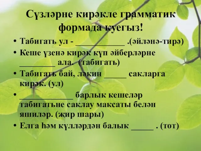 Сүзләрне кирәкле грамматик формада куегыз! Табигать ул - ___________ .(әйләнә-тирә) Кеше үзенә