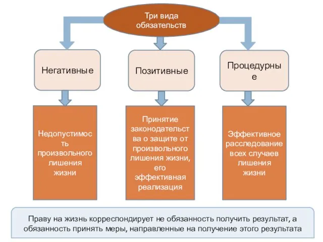 Три вида обязательств Негативные Позитивные Процедурные Недопустимость произвольного лишения жизни Принятие законодательства