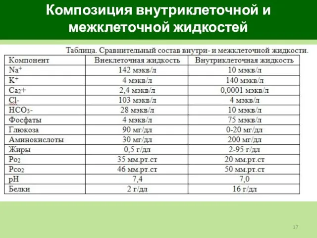 Композиция внутриклеточной и межклеточной жидкостей