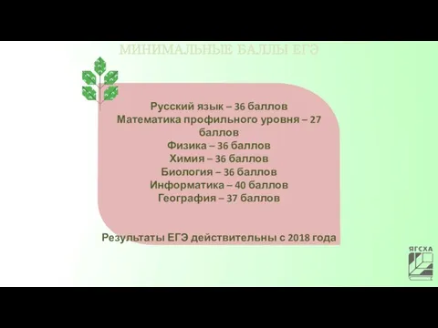 МИНИМАЛЬНЫЕ БАЛЛЫ ЕГЭ Русский язык – 36 баллов Математика профильного уровня –