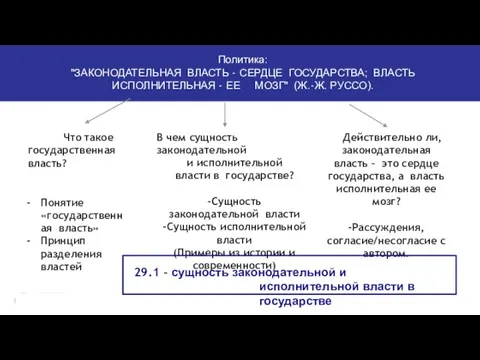 Политика: "ЗАКОНОДАТЕЛЬНАЯ ВЛАСТЬ - СЕРДЦЕ ГОСУДАРСТВА; ВЛАСТЬ ИСПОЛНИТЕЛЬНАЯ - ЕЕ МОЗГ" (Ж.-Ж.