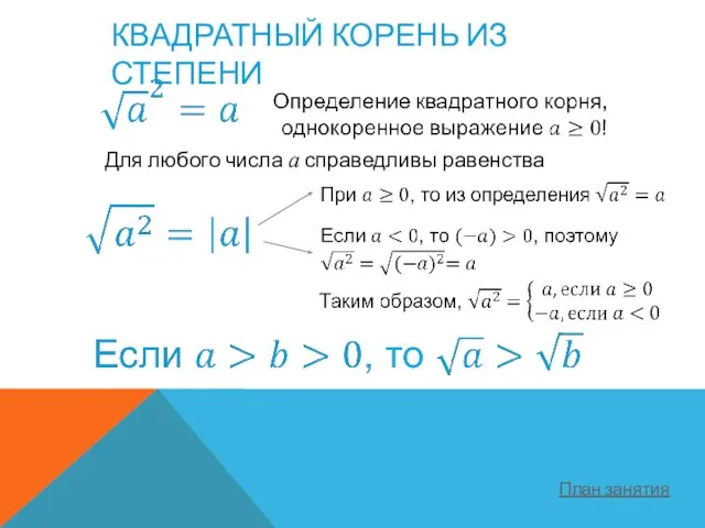 КВАДРАТНЫЙ КОРЕНЬ ИЗ СТЕПЕНИ Для любого числа a справедливы равенства План занятия