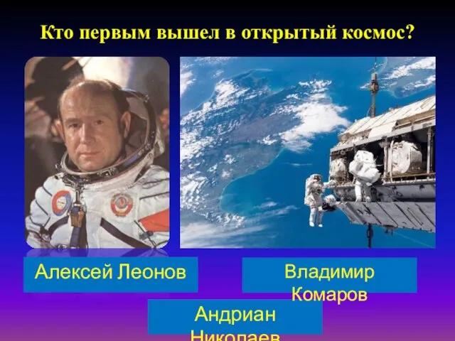 Кто первым вышел в открытый космос? Алексей Леонов Андриан Николаев Владимир Комаров
