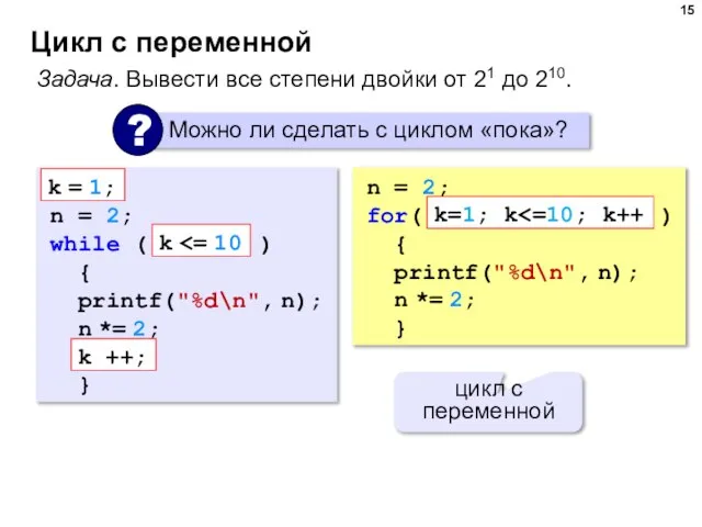 Цикл с переменной Задача. Вывести все степени двойки от 21 до 210.