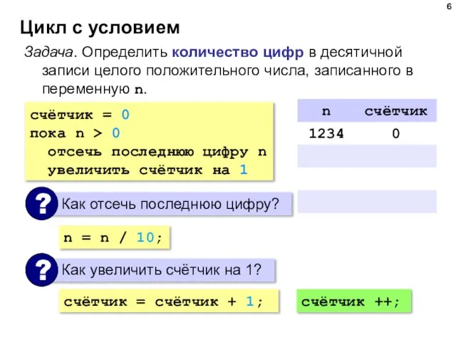 Цикл с условием Задача. Определить количество цифр в десятичной записи целого положительного