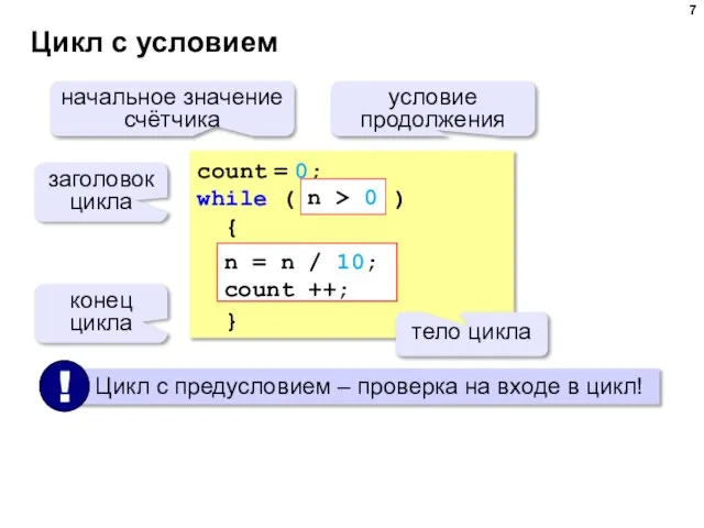 Цикл с условием count = 0; while ( ) { } n