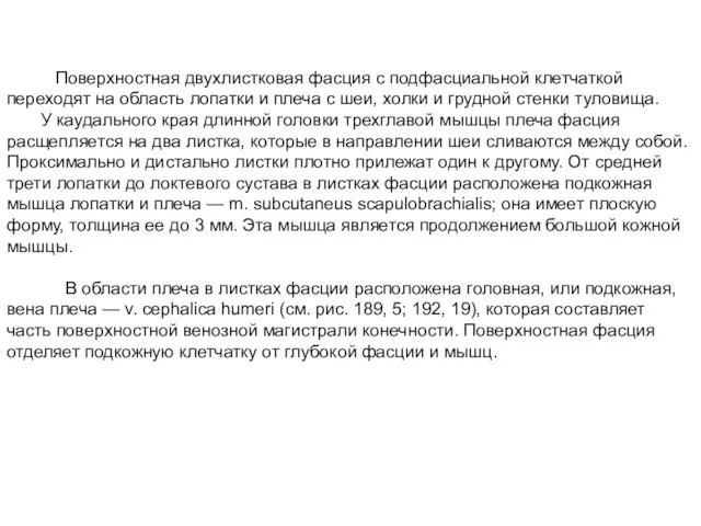 Поверхностная двухлистковая фасция с подфасциальной клетчаткой переходят на область лопатки и плеча