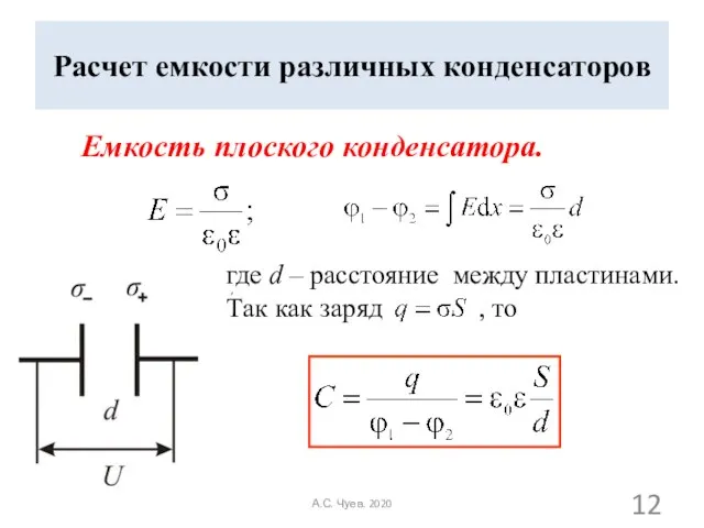 Расчет емкости различных конденсаторов Емкость плоского конденсатора. где d – расстояние между