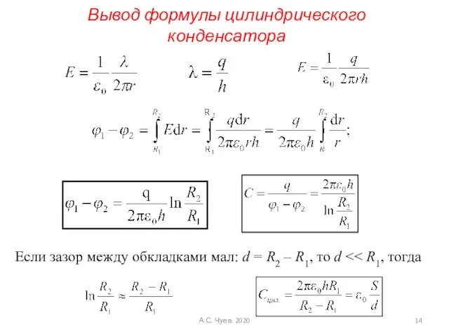 Вывод формулы цилиндрического конденсатора Если зазор между обкладками мал: d = R2