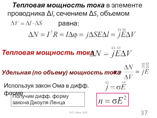 Тепловая мощность тока в элементе проводника Δl, сечением ΔS, объемом равна: Тепловая