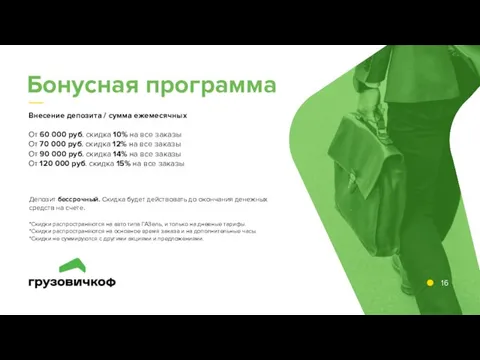 16 Бонусная программа Внесение депозита / сумма ежемесячных От 60 000 руб.