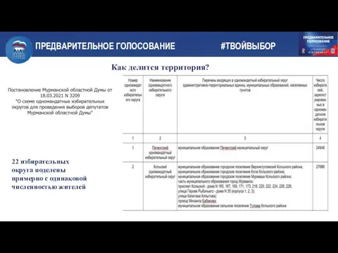 Как делится территория? 22 избирательных округа поделены примерно с одинаковой численностью жителей ПРЕДВАРИТЕЛЬНОЕ ГОЛОСОВАНИЕ #ТВОЙВЫБОР