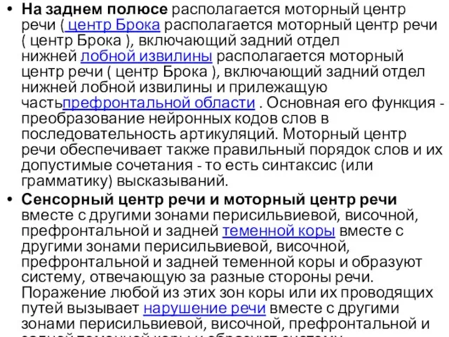 На заднем полюсе располагается моторный центр речи ( центр Брока располагается моторный