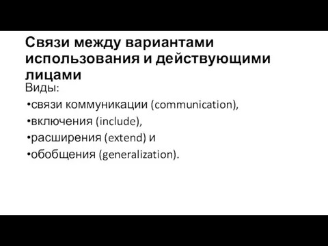 Связи между вариантами использования и действующими лицами Виды: связи коммуникации (communication), включения
