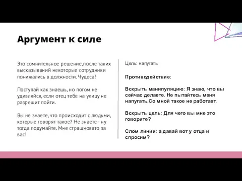 Аргумент к силе Это сомнительное решение,после таких высказываний некоторые сотрудники понижались в