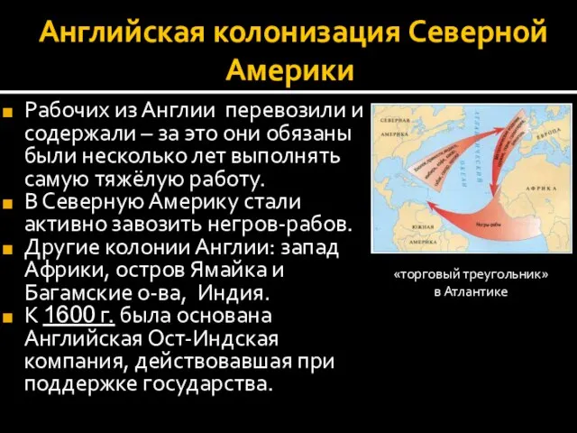 Английская колонизация Северной Америки Рабочих из Англии перевозили и содержали – за