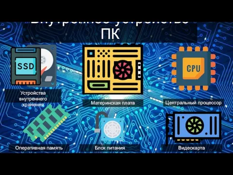 Устройства внутреннего хранения Оперативная память Блок питания Видеокарта Центральный процессор Материнская плата Внутреннее устройство ПК