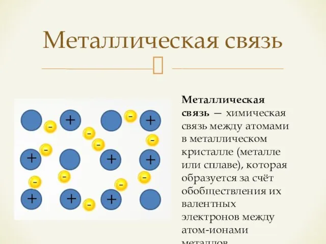 Металлическая связь Металлическая связь — химическая связь между атомами в металлическом кристалле