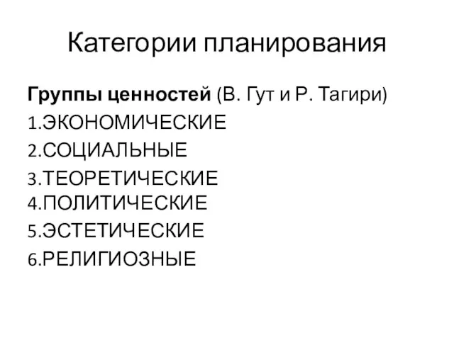 Категории планирования Группы ценностей (В. Гут и Р. Тагири) 1.ЭКОНОМИЧЕСКИЕ 2.СОЦИАЛЬНЫЕ 3.ТЕОРЕТИЧЕСКИЕ 4.ПОЛИТИЧЕСКИЕ 5.ЭСТЕТИЧЕСКИЕ 6.РЕЛИГИОЗНЫЕ