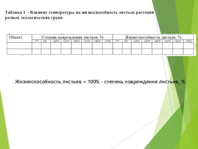 Таблица 1 - Влияние температуры на жизнеспособность листьев растений разных экологических групп