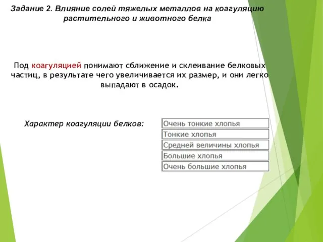 Задание 2. Влияние солей тяжелых металлов на коагуляцию растительного и животного белка