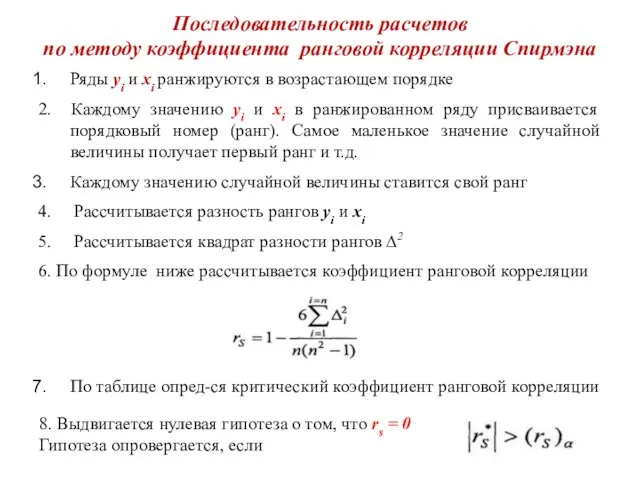 Последовательность расчетов по методу коэффициента ранговой корреляции Спирмэна Ряды yi и xi