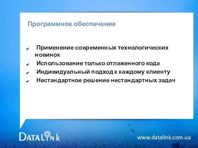 Программное обеспечение www.datalink.com.ua Применение современных технологических новинок Использование только отлаженного кода Индивидуальный