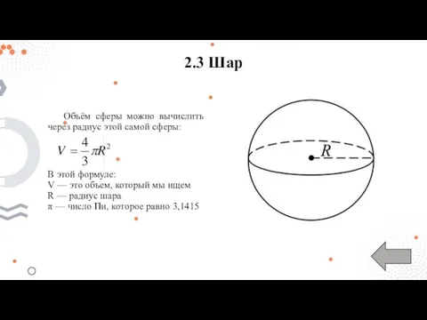 2.3 Шар Объём сферы можно вычислить через радиус этой самой сферы: В