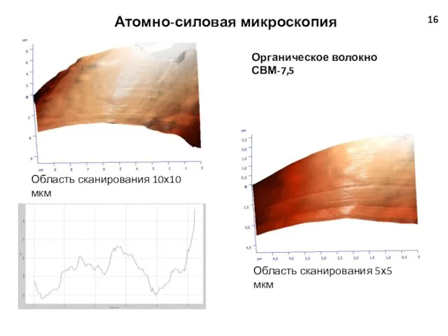 16 Атомно-силовая микроскопия Органическое волокно СВМ-7,5 Область сканирования 10х10 мкм Область сканирования 5х5 мкм