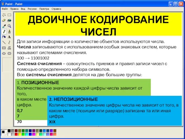 Дискретное (цифровое) представление текстовой, графической, звуковой информаци ДВОИЧНОЕ КОДИРОВАНИЕ ЧИСЕЛ Для записи