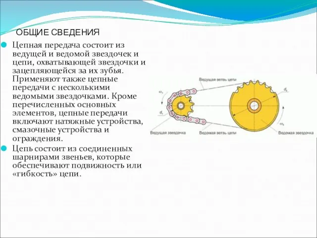 ОБЩИЕ СВЕДЕНИЯ Цепная передача состоит из ведущей и ведомой звездочек и цепи,