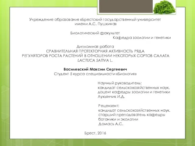 Учреждение образования «Брестский государственный университет имени А.С. Пушкина» Биологический факультет Кафедра зоологии