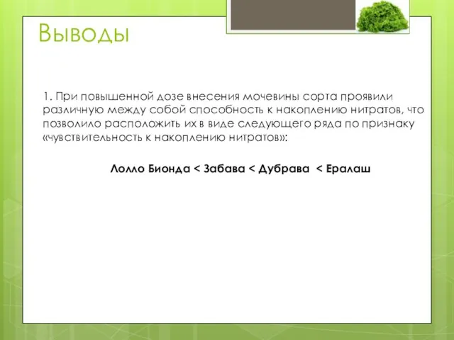 Выводы 1. При повышенной дозе внесения мочевины сорта проявили различную между собой