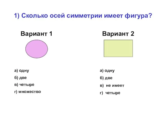 1) Сколько осей симметрии имеет фигура? Вариант 1 Вариант 2 а) одну