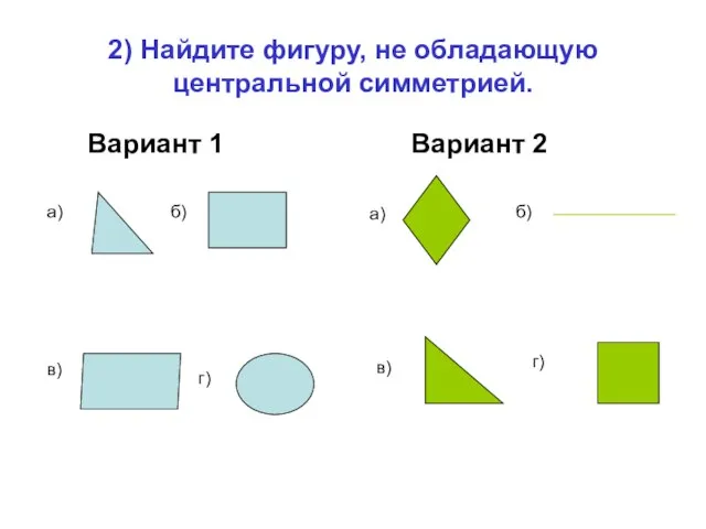 2) Найдите фигуру, не обладающую центральной симметрией. Вариант 1 Вариант 2 а)